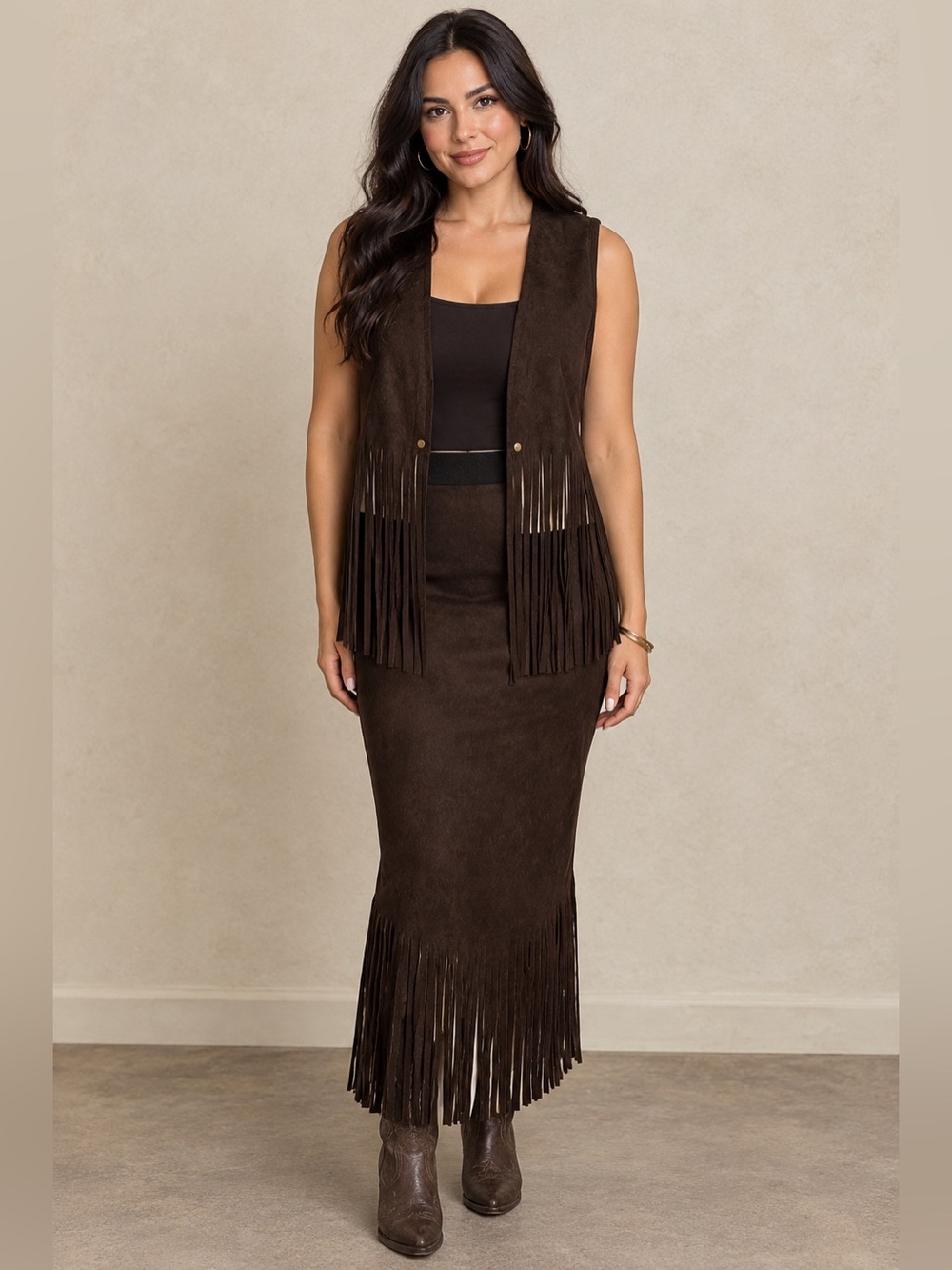 NWT Karen Kane Fringe Faux Suede Vest & Skirt Set - Dark Brown